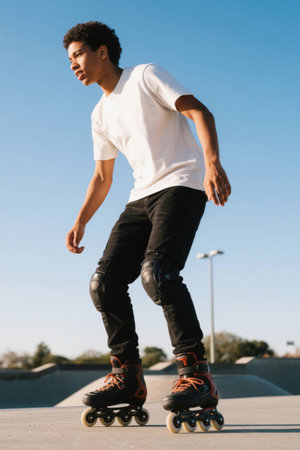 Young people roller skate in the sun with heroic figuresの素材