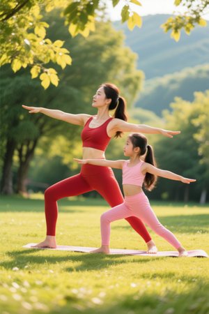 Mother and daughter practice yoga in parkの素材