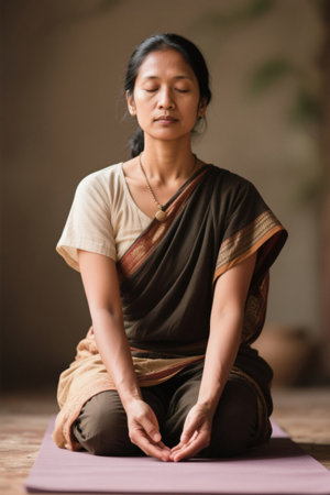 Woman meditating cross legged in sariの素材