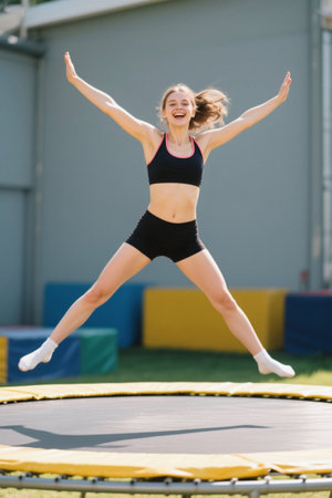 Happy girl trampoline sports full of energyの素材