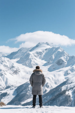 A man looks out over the snow capped mountains and enjoys the winter outdoor sceneryの素材