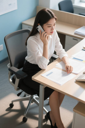 Young woman's office answers the phone to workの素材