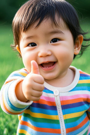 Cute baby gives a thumbs up and smiles happilyの素材