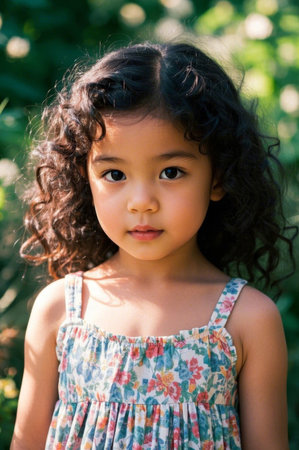 Cute curly hair little girl outdoor photoの素材