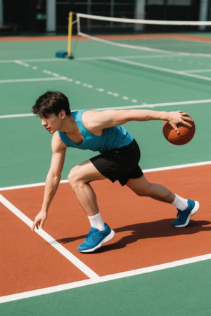 Young athletes on the basketball court in the sunの素材