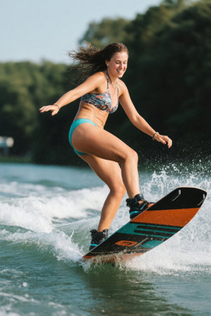 Girls playing happily on water skateboard in the sunの素材