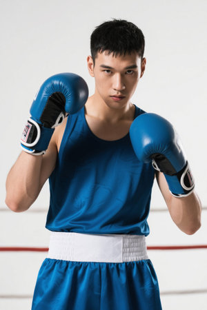 Young boxer prepares for fightの素材