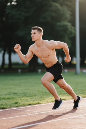 Strong men running on the track and fieldの素材