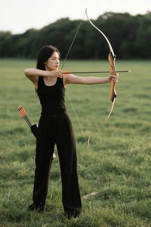 Women practice archery outdoors with heroic spiritの素材