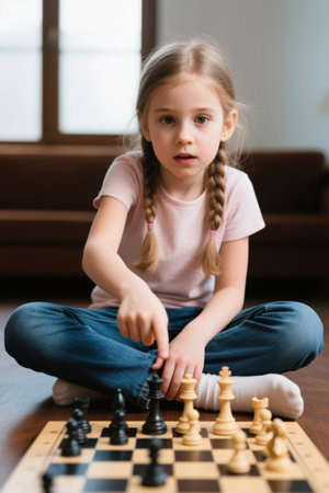 The little girl is focused on playing chess, cute and playfulの素材