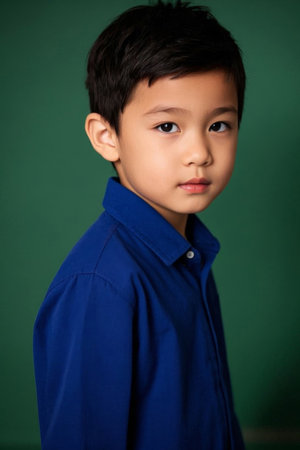 Portrait photo of boy dark blue shirt on green backgroundの素材
