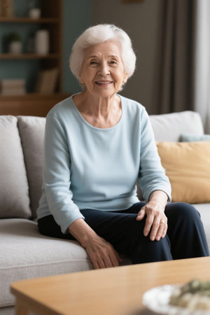 Smiling elderly woman sitting on sofaの素材