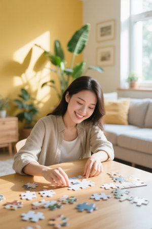 Sunlight fills the house, woman focuses on puzzleの素材