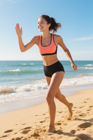 Happy girl running on the beachの素材