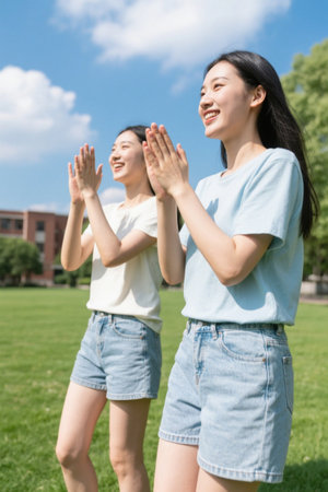 Two girls cheering in the sunの素材