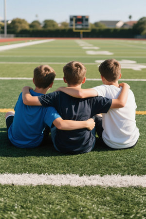 Three boys sit in arms on a football fieldの素材