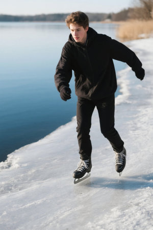 Young man ice skating on a frozen lake in winter, vertical imageの素材