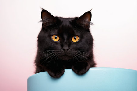 Black cat lying on blue objectの素材