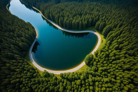 Aerial photography of the winding road between forest lakesの素材