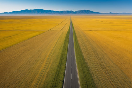 Aerial view of the straight road between the fieldsの素材