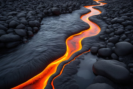 Flowing volcanic magma and rock landscapeの素材