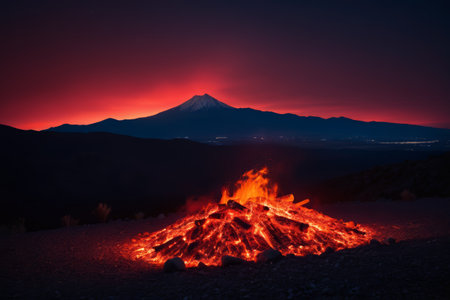 Night view of bonfire at the foot of Mount Fujiの素材