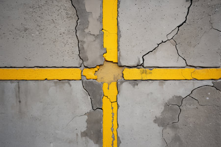 Close up of cracks in yellow markings on cement floorの素材