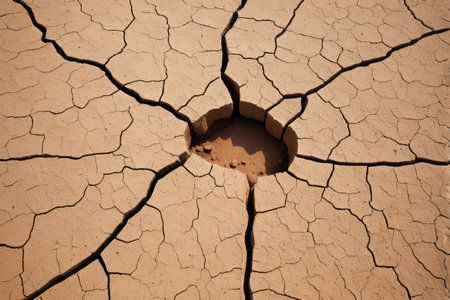 Close up of a large pit on cracked landの素材