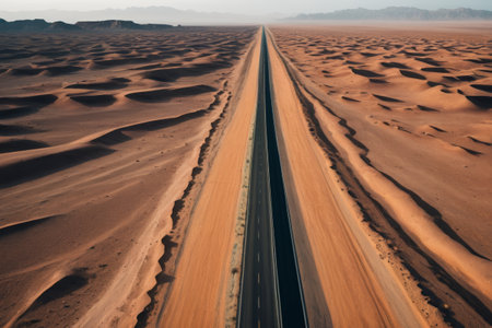 Aerial view of the road extending in the desertの素材