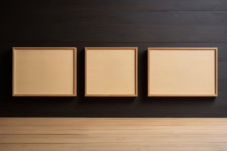 Three blank picture frames hanging on the wallの素材
