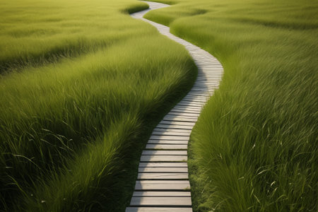 Wooden winding paths in the grassの素材
