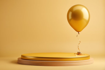 Golden balloons suspended in a golden display standの素材