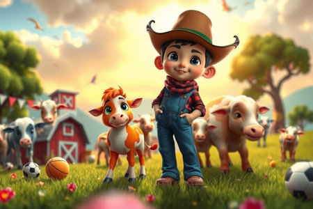 Farm boy and cattle cartoon sceneの素材
