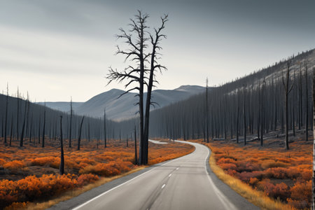 Dead trees and autumn vegetation line the mountain roadの素材