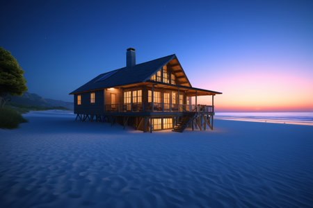 Wooden house at dusk by the seaの素材