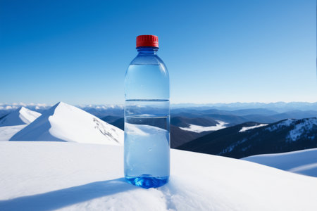 Close up of plastic water bottle in the foreground of Snow Mountainの素材