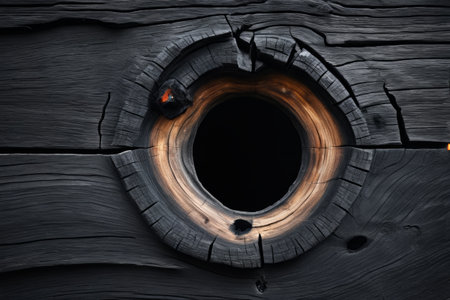 Close up of a circular hole in a charred wooden boardの素材