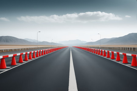Traffic cone placement scene on an empty roadの素材