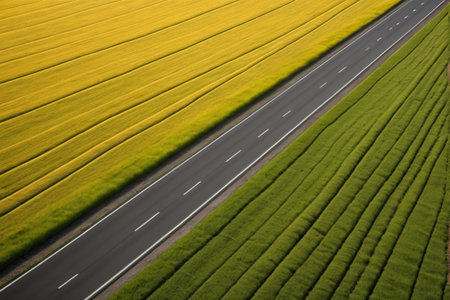 Overlooking the yellow and green farmland beside the roadの素材