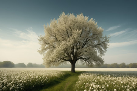 A landscape of single trees in bloom with white flowers in the fieldsの素材