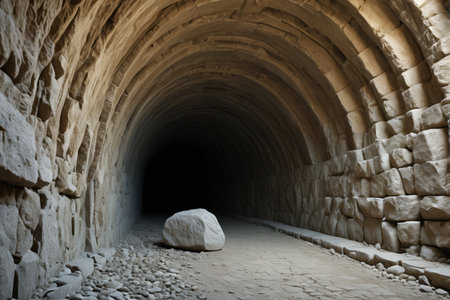 Boulder scene in a stone tunnelの素材