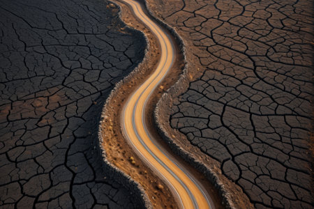 Aerial view of winding roads in arid areasの素材