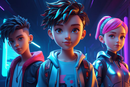 Three young people's science fiction style imagesの素材