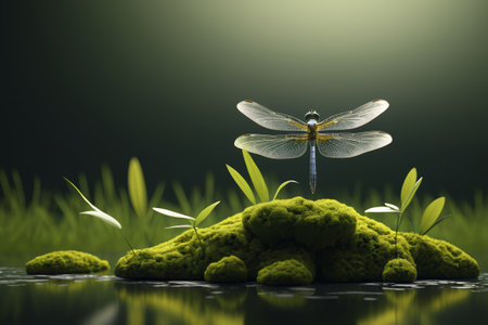Natural scene of dragonflies resting on mossの素材