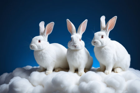 Three white rabbits sitting on cloudsの素材