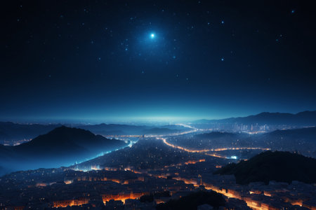 City night view overlooking the starry skyの素材