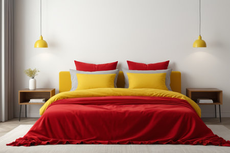 Bedroom red and yellow bed and matching furnitureの素材
