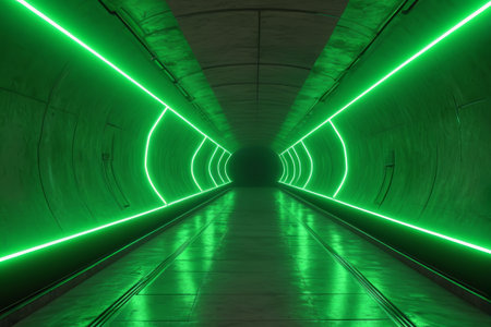 Tunnel passage decorated with green lightの素材