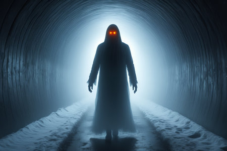 Mysterious figure standing against the light in the tunnelの素材