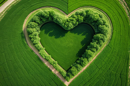 Aerial photography of heart shaped green farmland landscapeの素材